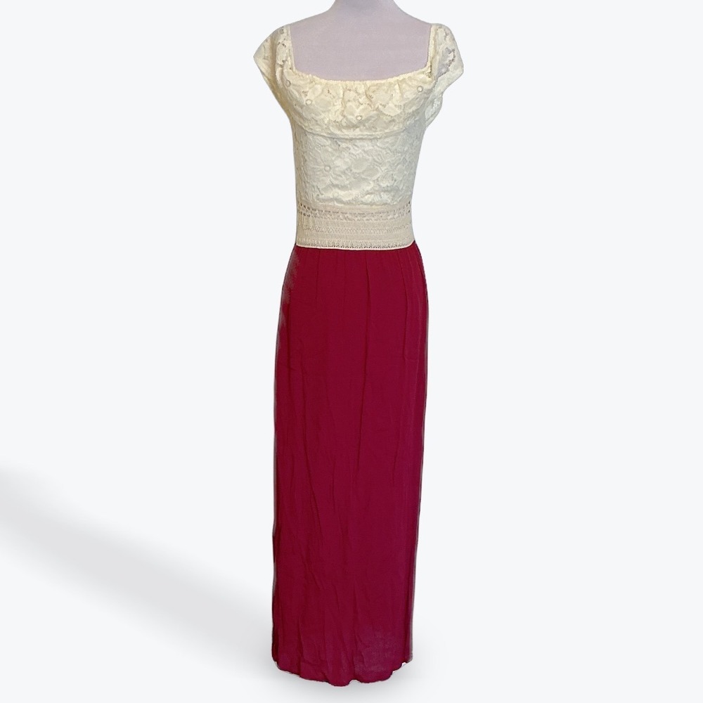 Charmed Hearts Wine Natural Lace Off Shoulder Maxi‎ Dress 6BPVCW17 Small NEW